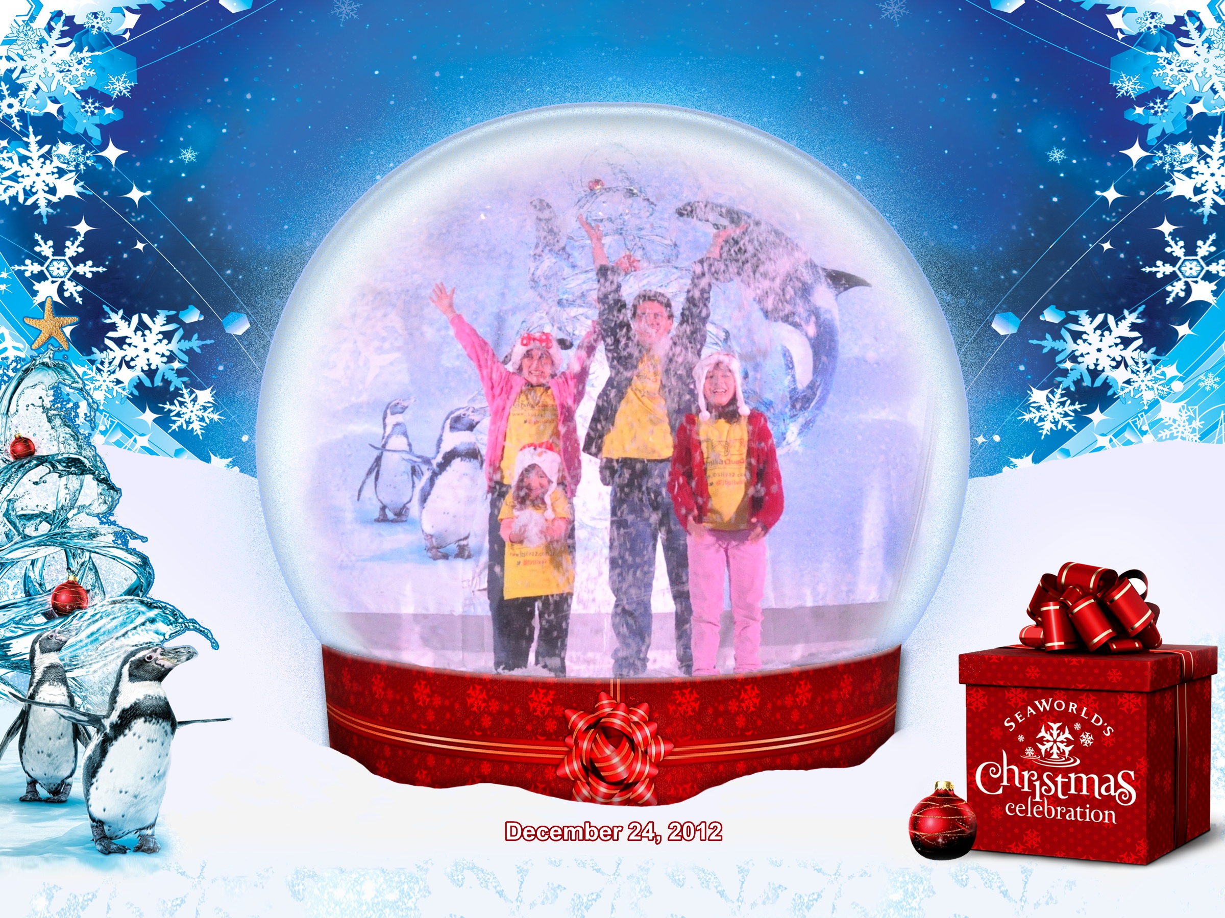 Família Quadrada dentro do globo de Natal