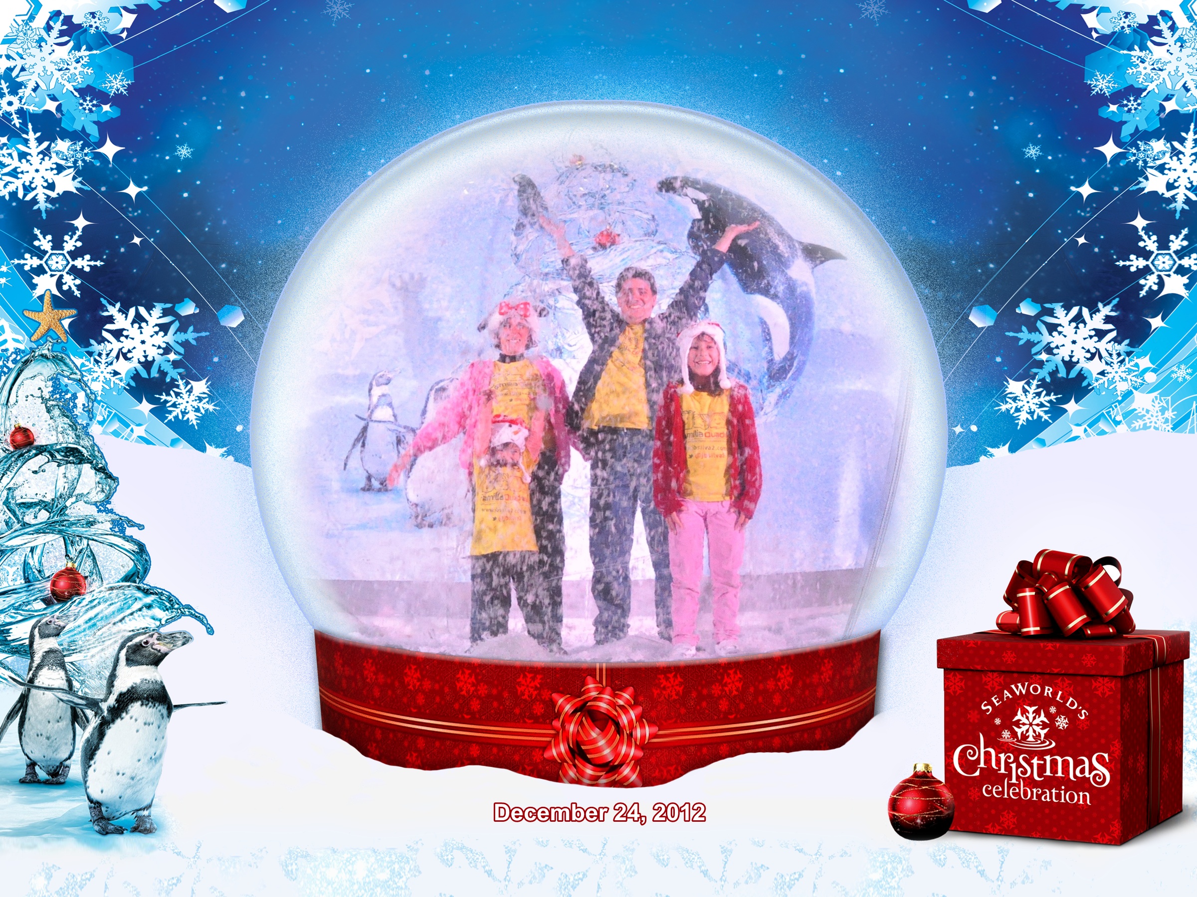 Sea World: Família Quadrada dentro da bolha de Natal, jogando neve para o alto!