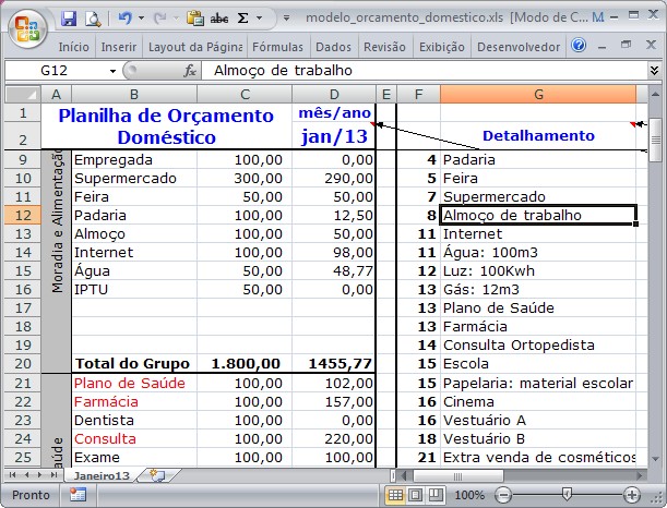 Modelo de planilha para controle de Orçamento Doméstico